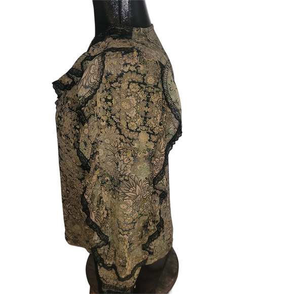 Tan Floral Ruffle Boho Chic Blouse with Black Lace Trim - Picture 4 of 5